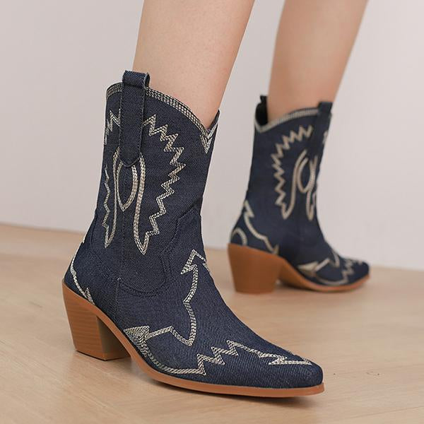Women's Fashion Denim Embroidered Chunky Heel Booties 38966593S