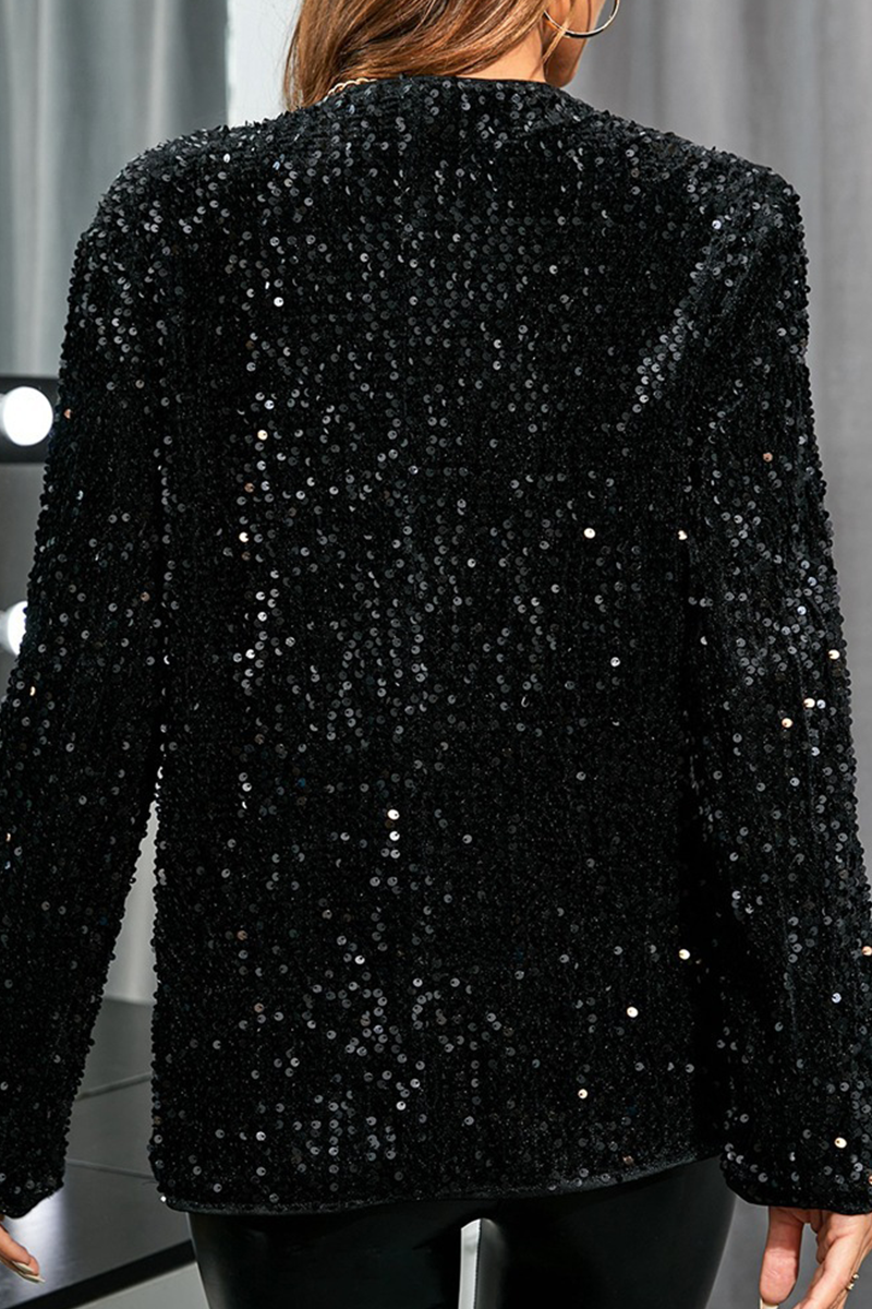 Fashion Solid Sequins Cardigan Collar Outerwear