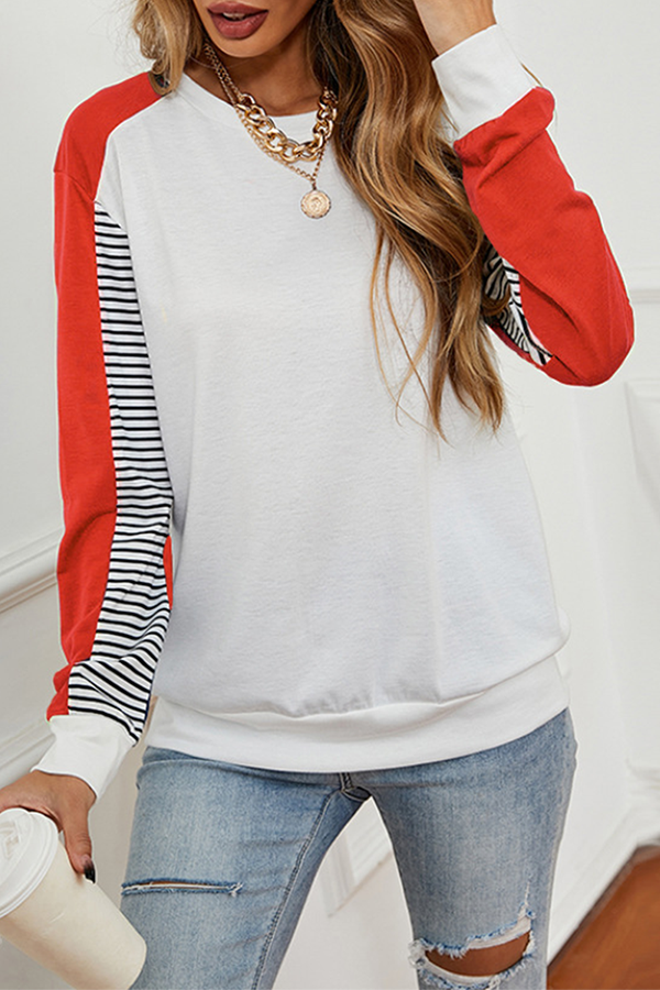 Casual Striped Split Joint Contrast O Neck Tops