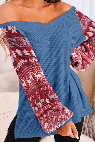Casual Wapiti Split Joint Contrast V Neck Tops