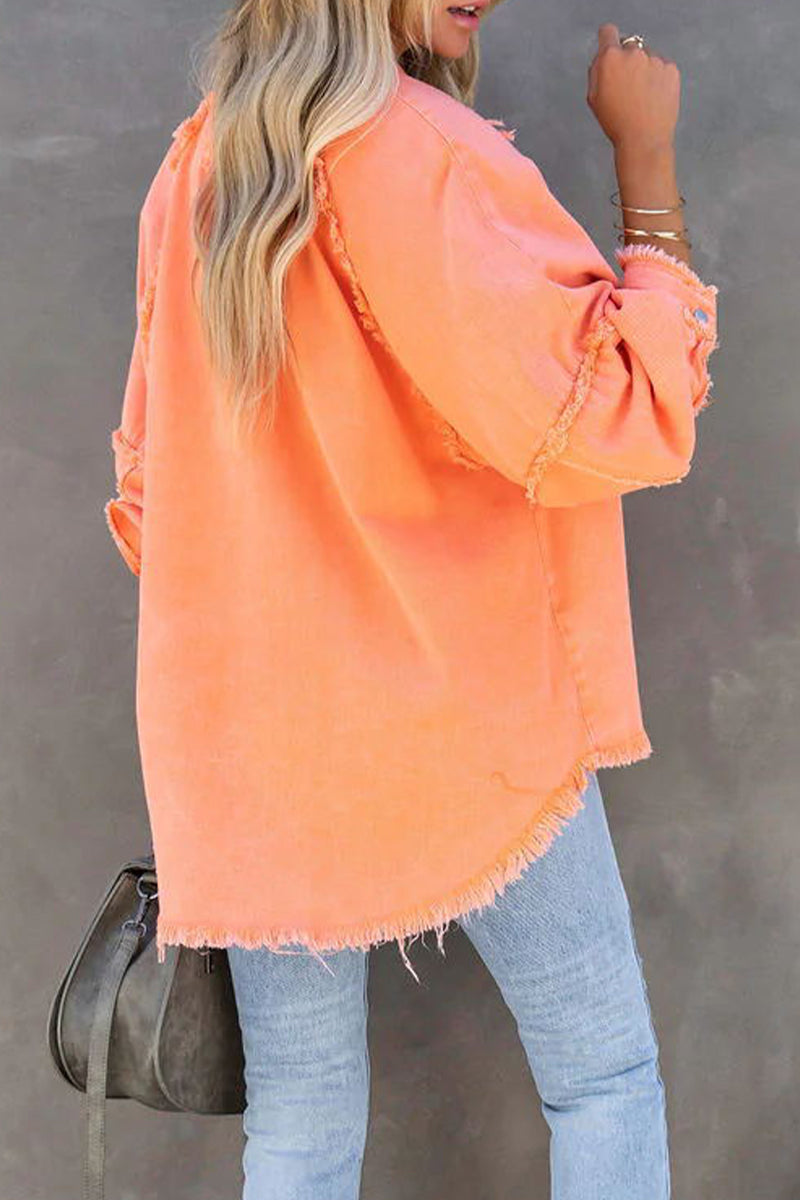 Fashion Casual Solid Tassel POLO collar Long Sleeve Straight Denim Jacket(3 Colors)