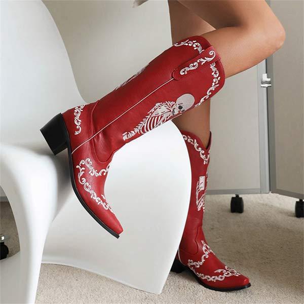Women'S Embroidered High Block Heel Western Cowboy Boots 70475337C