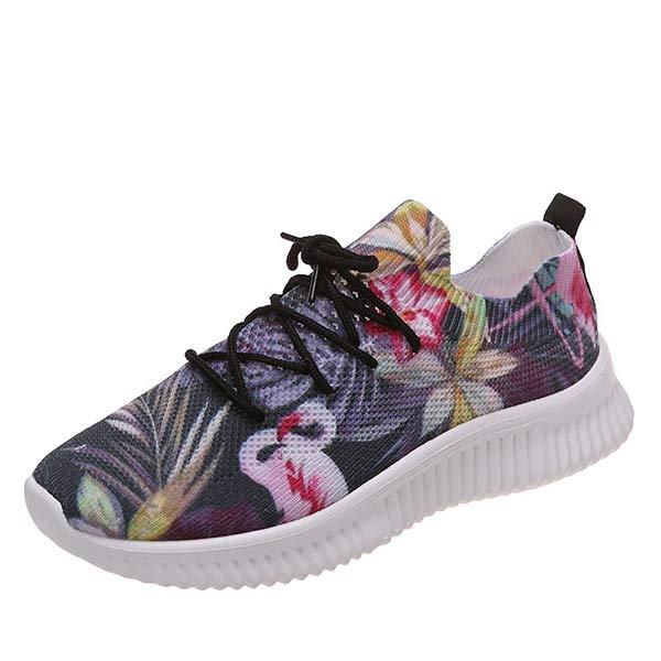 Women's Flat Lace-Up Flying Woven Breathable Printing Graffiti Casual Sneakers 43665814C