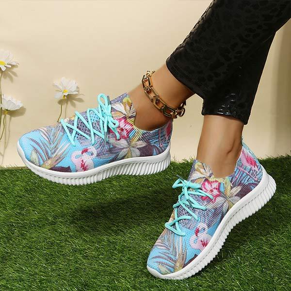 Women's Flat Lace-Up Flying Woven Breathable Printing Graffiti Casual Sneakers 43665814C