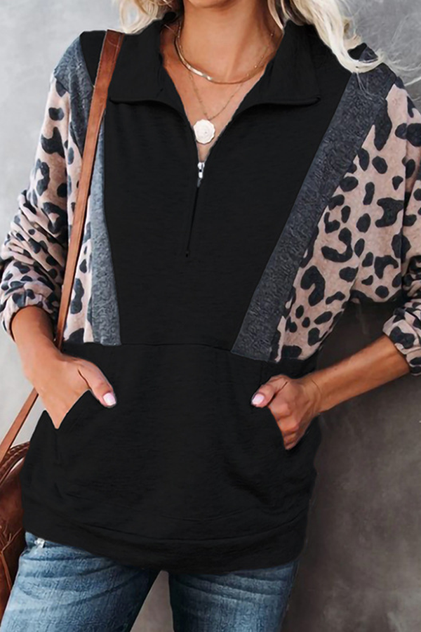 Casual Leopard Split Joint Pocket Zipper Collar Tops(4 colors)