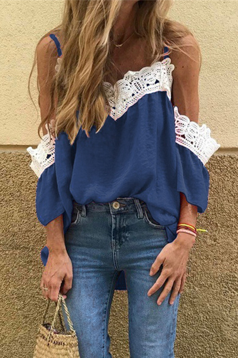 Fashion Elegant Patchwork Lace Contrast V Neck T-Shirts(4 Colors)