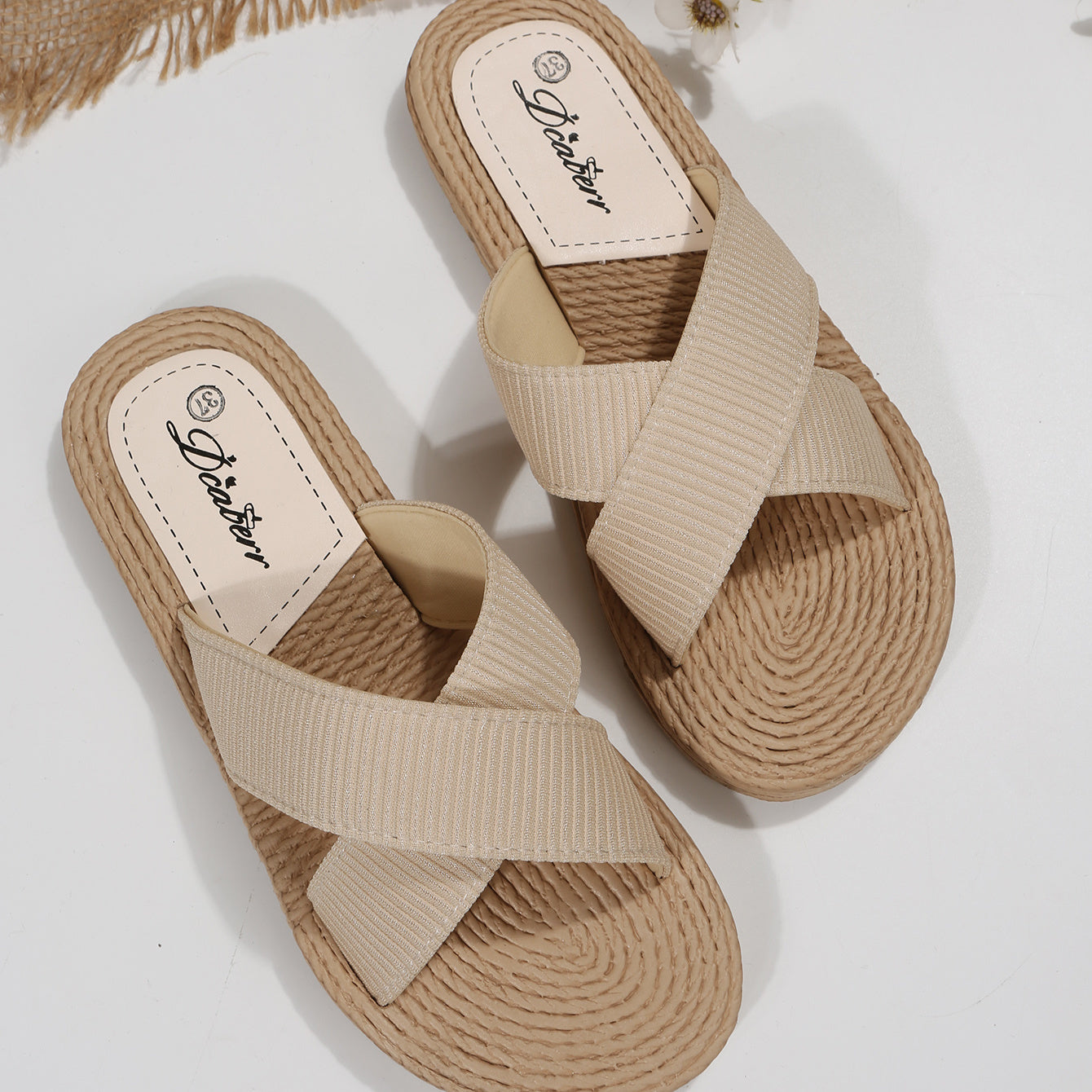 Solid Color Beach Slides - Women's Cross Strap Flats with Espadrille Sole