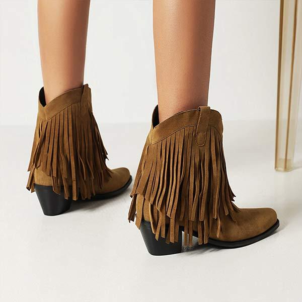 Women's Fashion High Heel Suede Low-Calf Fringe Boots 82434368C
