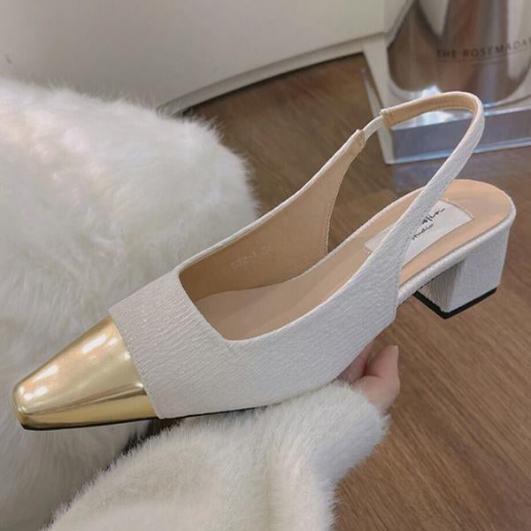 Women's Fashion Retro Square Toe Block Color Chunky Heels 86071368C
