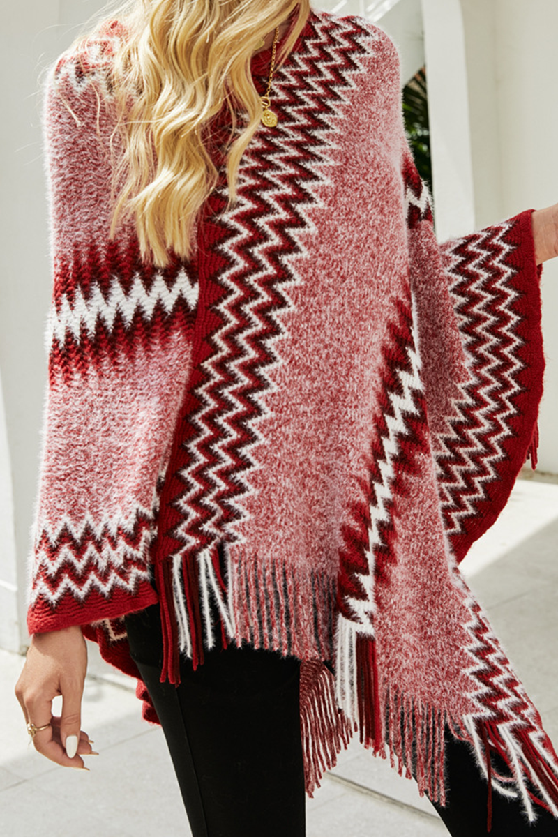 Casual Print Tassel O Neck Outerwear