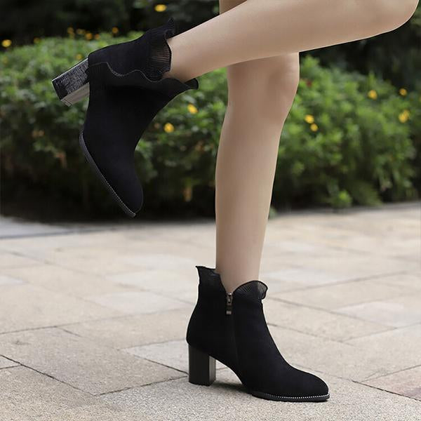Women's Elegant Lace Trim Chunky Heel Ankle Boots 41832404S