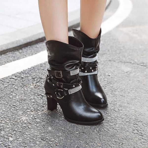 Women'S Chunky Heel Rhinestone Belt Buckle Round Toe Boots 02680696C