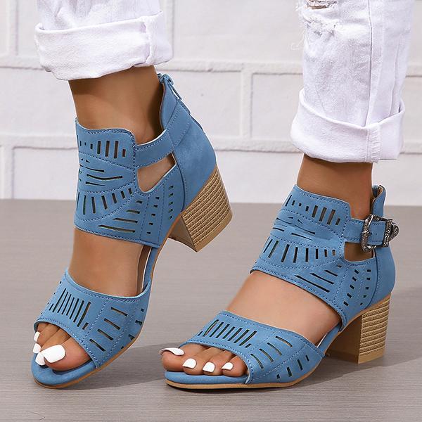 Women's Fashion Hollow Zipper Chunky Heel Sandals 89606513C