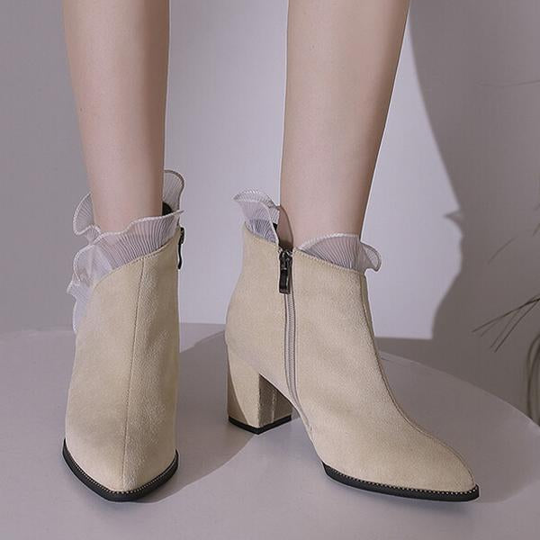Women's Elegant Lace Trim Chunky Heel Ankle Boots 41832404S