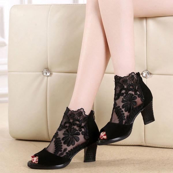Women'S Chunky Heel Open Toe Lace Sandals 29617810