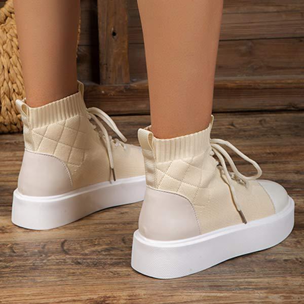 Women's High-Top Round Toe Platform Lace-Up Flying Woven Shoes 79606283C