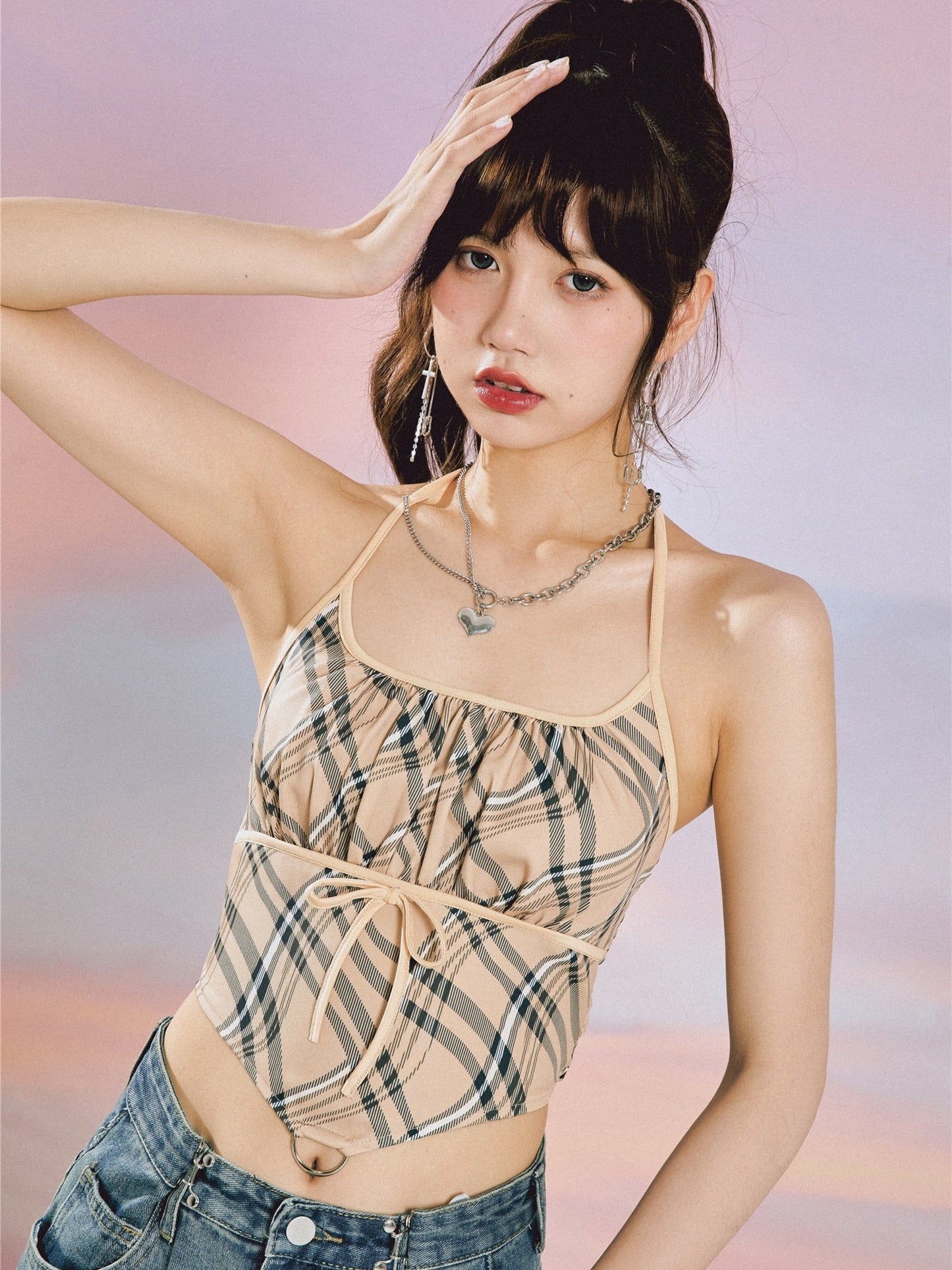 Y2K Khaki Plaid Halter Sling ~ HANDMADE