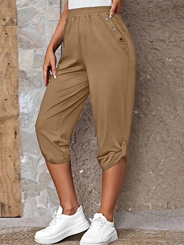 Women's Solid Button Detail Roll Up Hem Capri