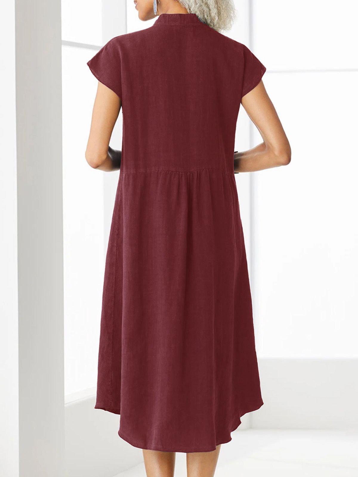 Loose V-Neck Short Sleeve Button Solid Color Linen Dress
