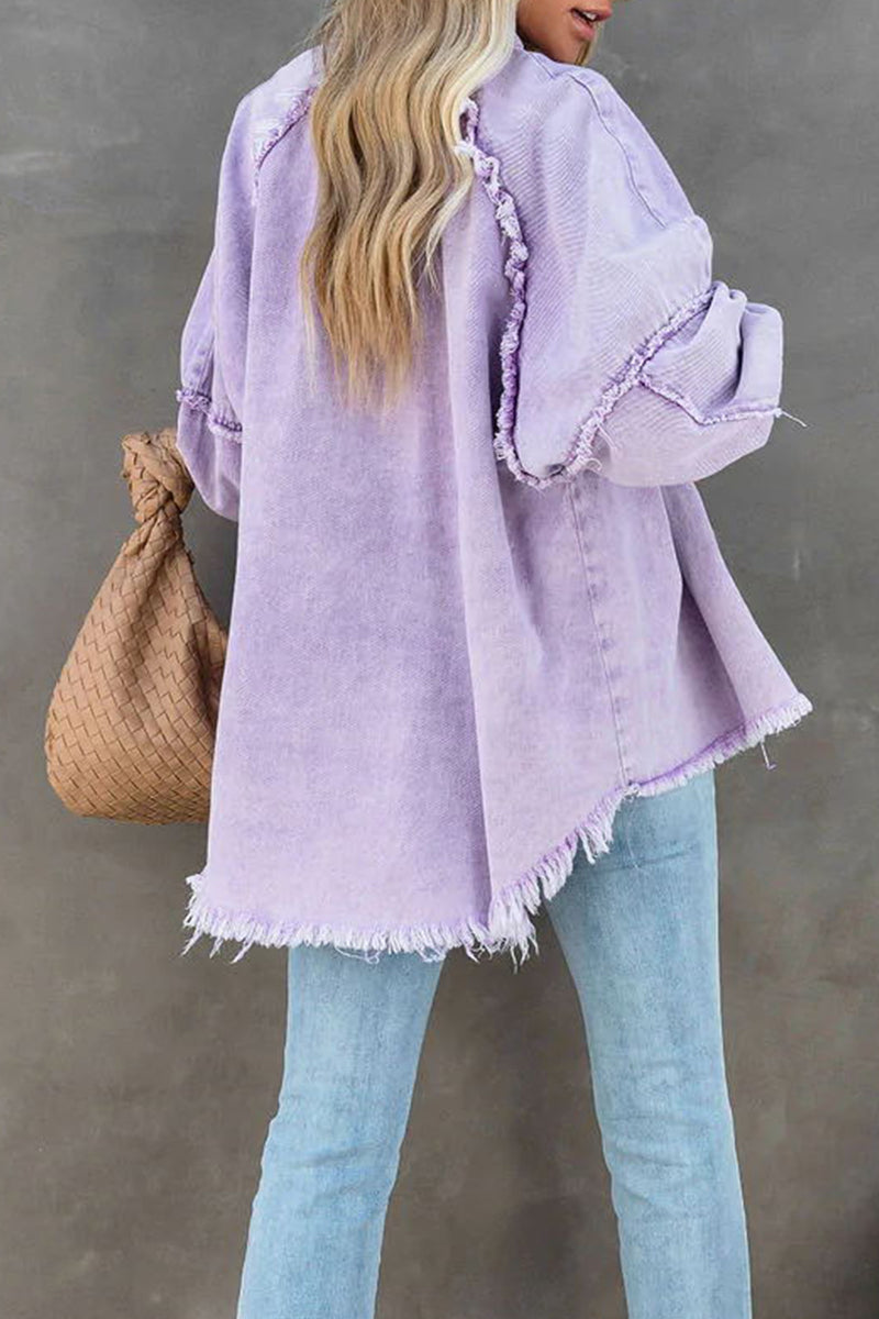 Fashion Casual Solid Tassel POLO collar Long Sleeve Straight Denim Jacket(3 Colors)
