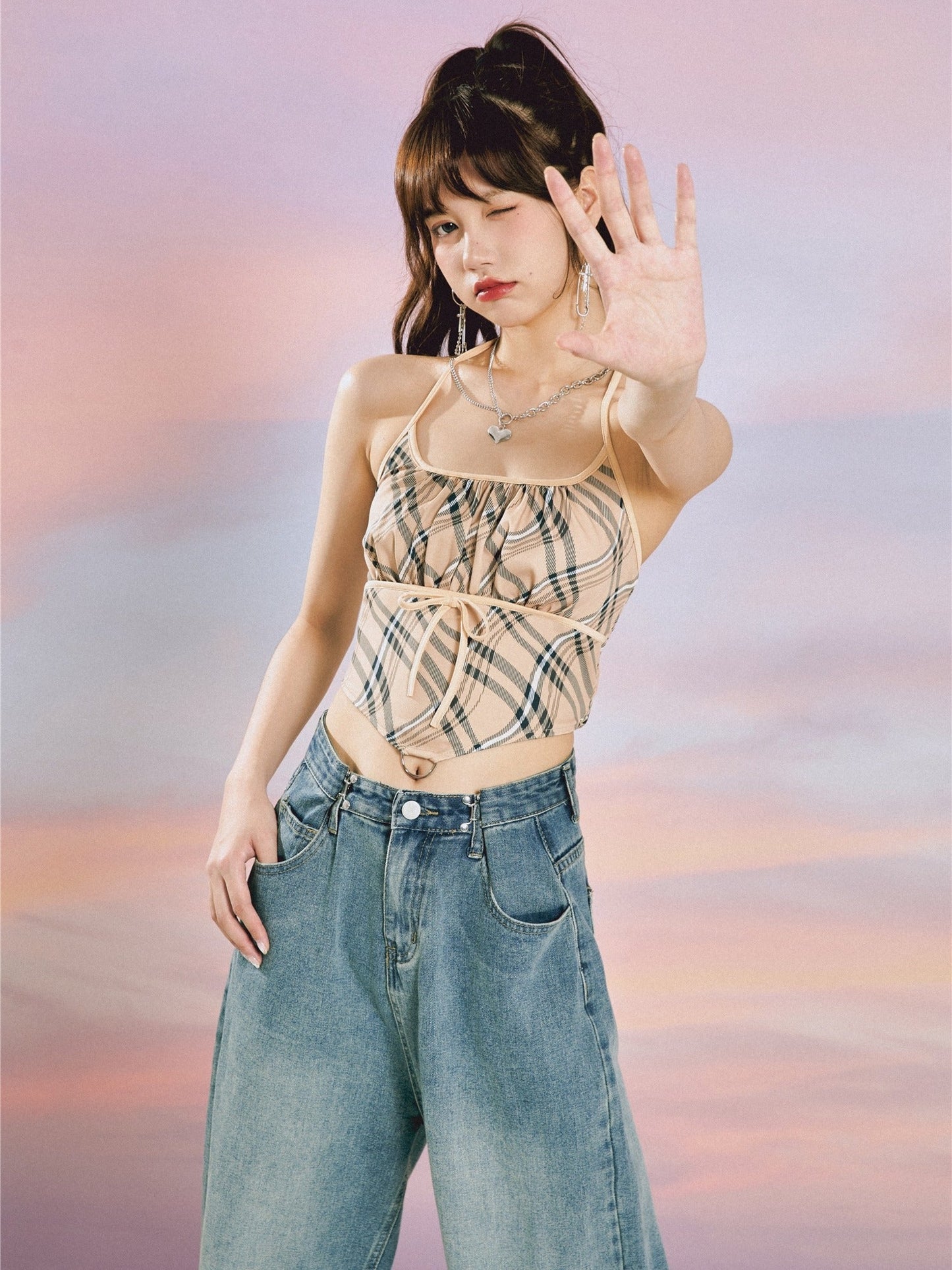 Y2K Khaki Plaid Halter Sling ~ HANDMADE