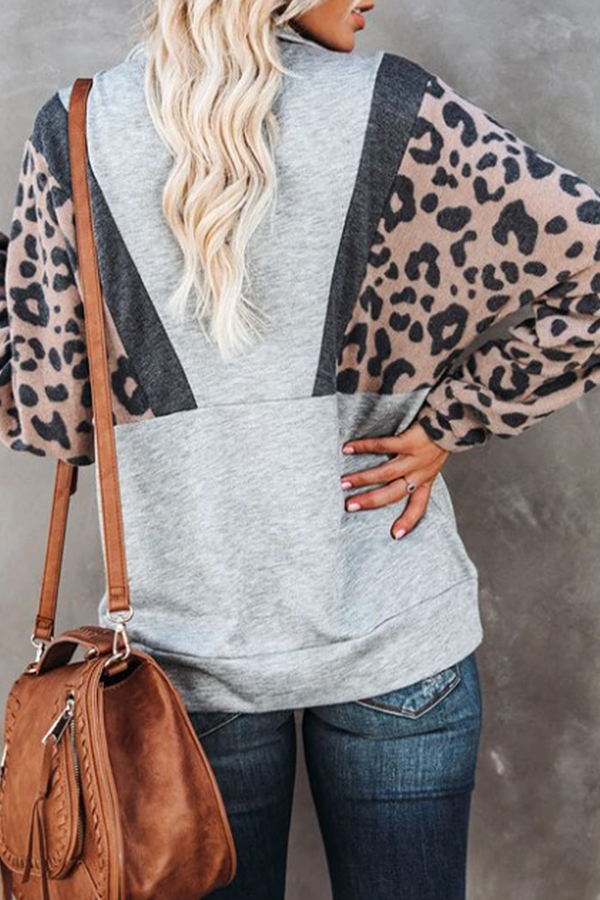 Casual Leopard Split Joint Pocket Zipper Collar Tops(4 colors)