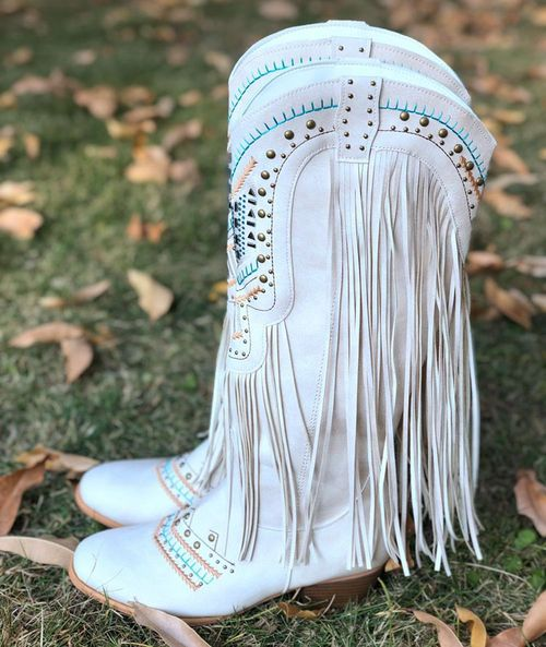 Rhinestone Tassel Square Toe Rider Boots