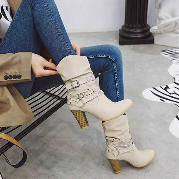 Women'S Chunky Heel Rhinestone Belt Buckle Round Toe Boots 02680696C