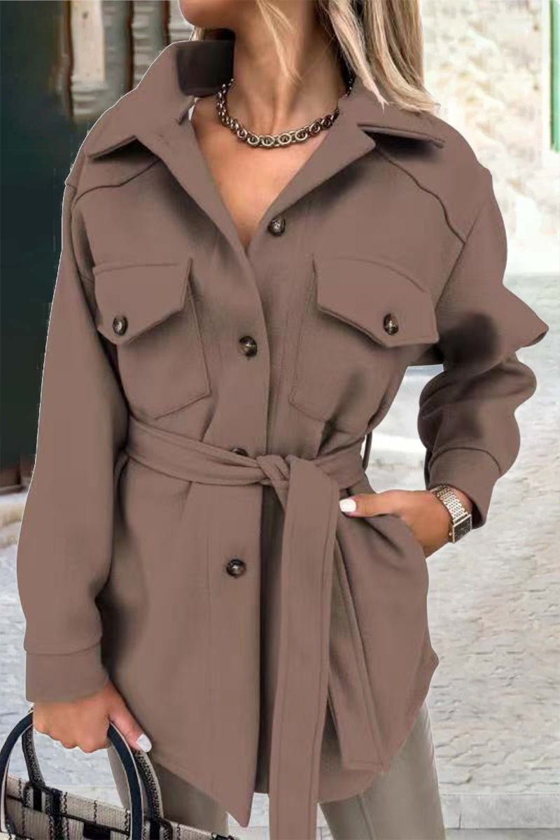 Solid With Belt Turn-back Collar Outerwear(8 Colors)