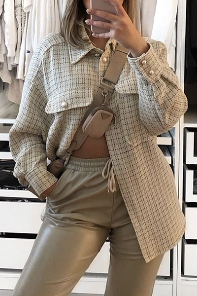 Casual Plaid Pocket Buckle Turndown Collar Outerwear