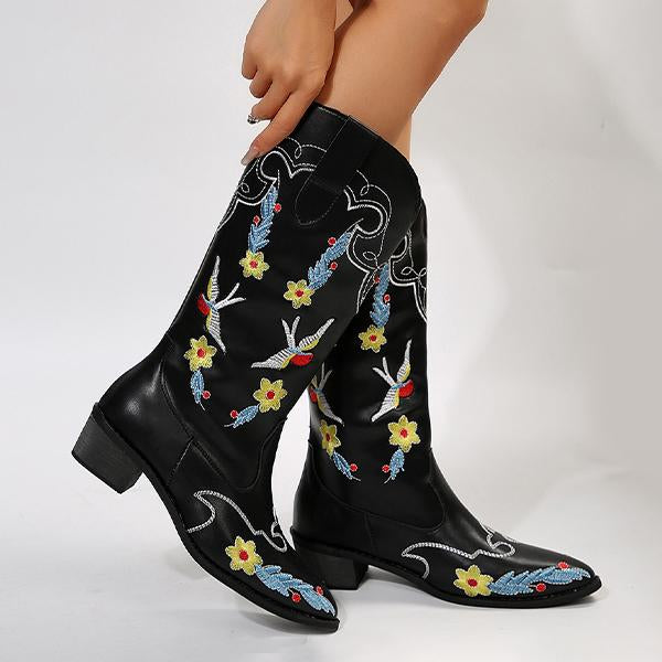 Women's Fashion Embroidered Chunky Heel Mid-calf Boots 08010244S