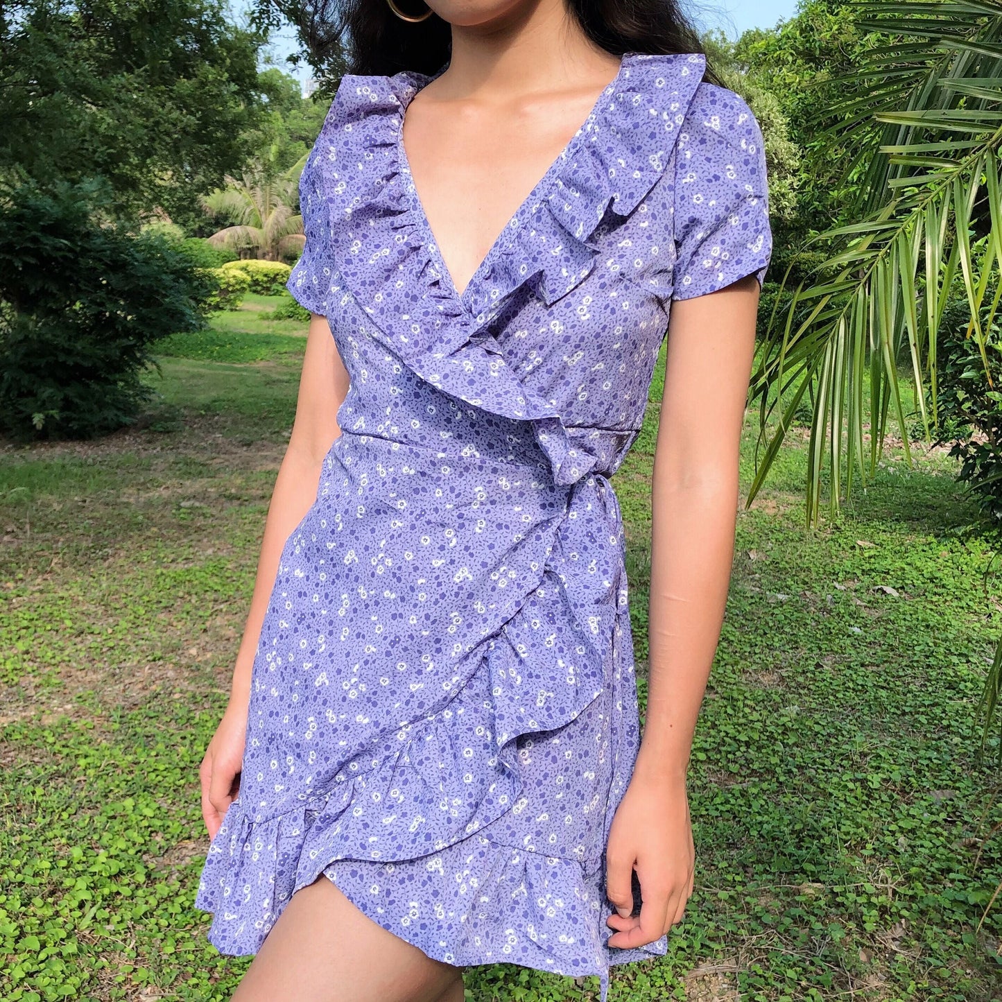 Purple Floral Ruffled Wrap Dress