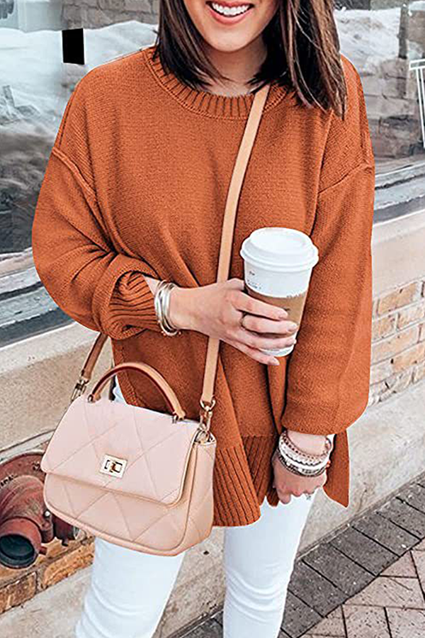 Casual Solid Patchwork Slit O Neck Tops Sweater