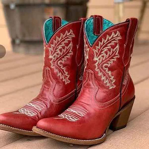 Women'S Embroidered Pointed Toe Chunky Heel Booties 30004646C