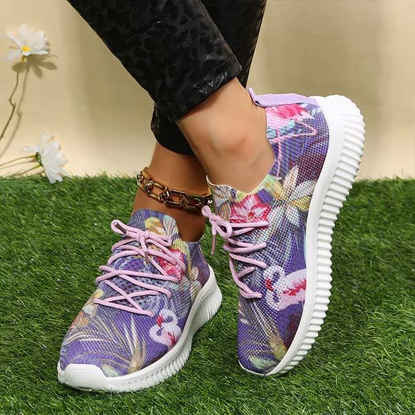 Women's Flat Lace-Up Flying Woven Breathable Printing Graffiti Casual Sneakers 43665814C