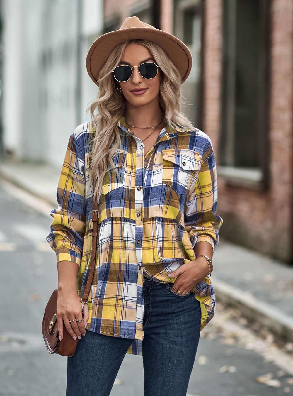 Lapel Long Sleeve Casual Check Shirt