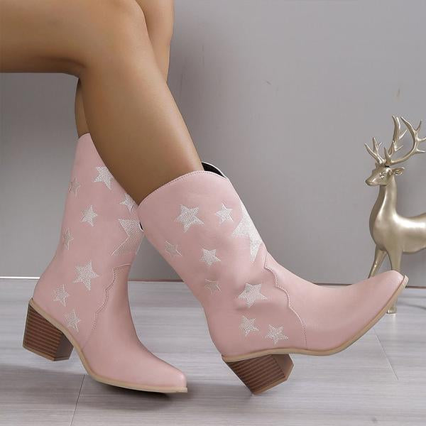 Women's Fashion Casual Star Chunky Heel Mid-calf Boots 79504262S