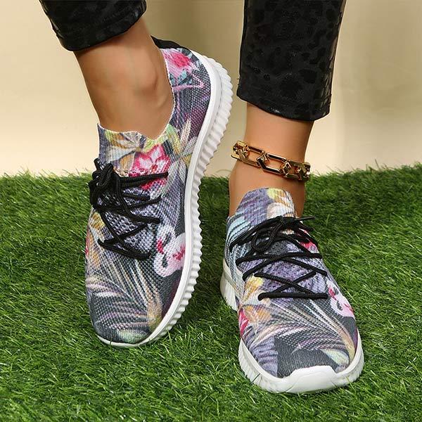 Women's Flat Lace-Up Flying Woven Breathable Printing Graffiti Casual Sneakers 43665814C
