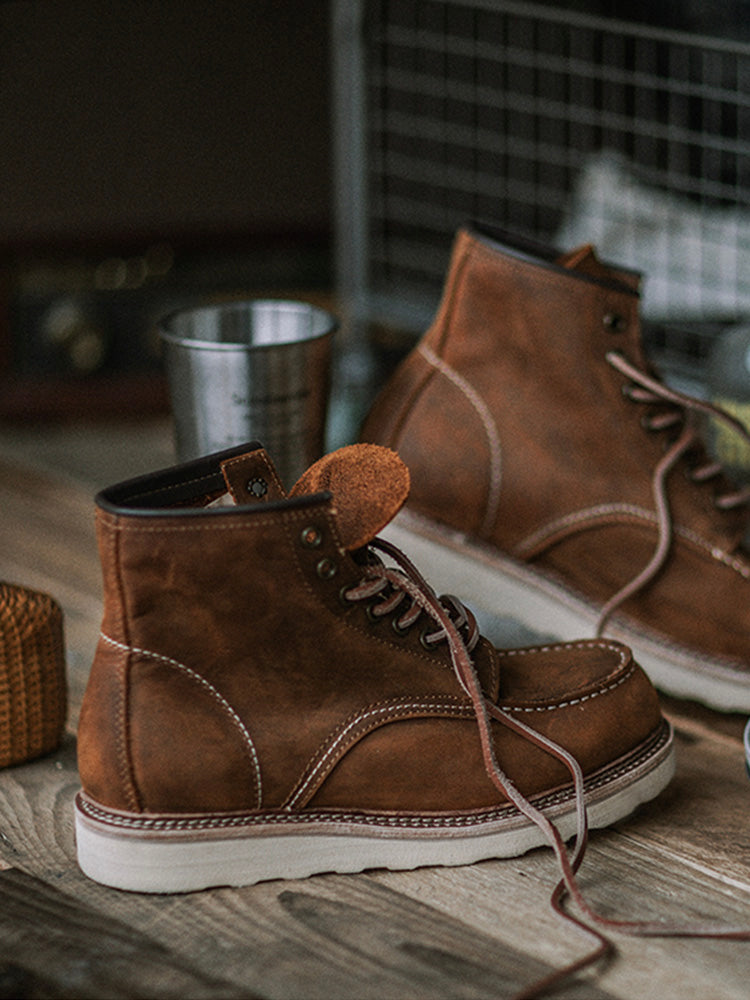 Vintage Full-Grain Leather Moc Toe Work Boots for Men