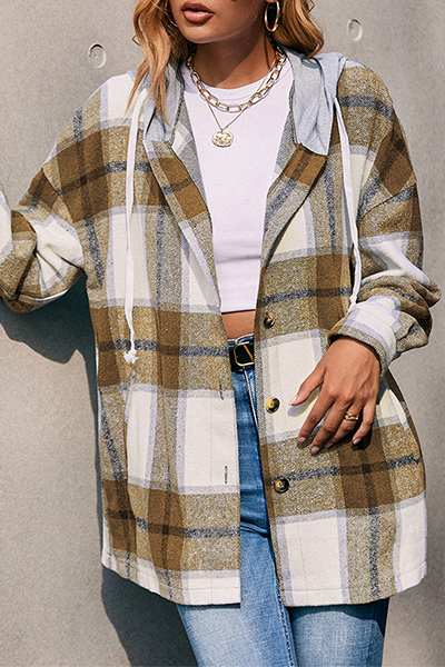Casual Plaid Draw String Buckle Hooded Collar Outerwear
