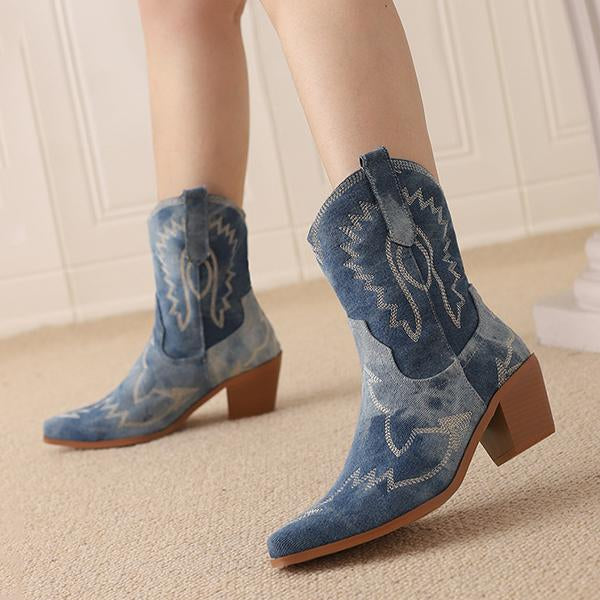 Women's Fashion Denim Embroidered Chunky Heel Booties 38966593S