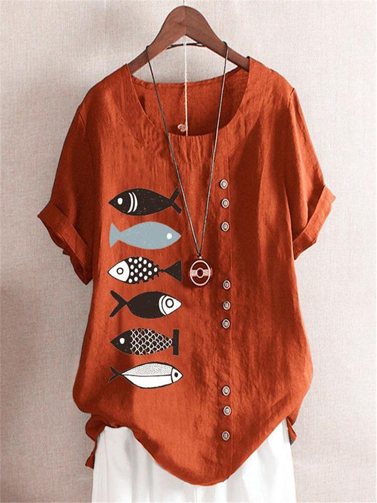 V-Neck Printed Loose Short Sleeve T-Shirt