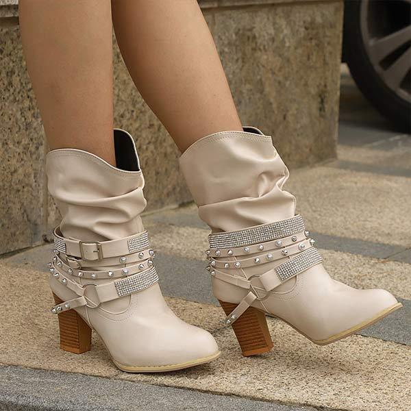 Women'S Chunky Heel Rhinestone Belt Buckle Round Toe Boots 02680696C