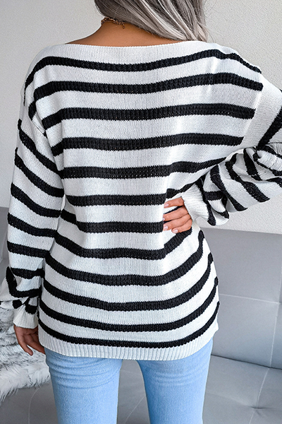 Casual Striped Split Joint Contrast Off the Shoulder Tops
