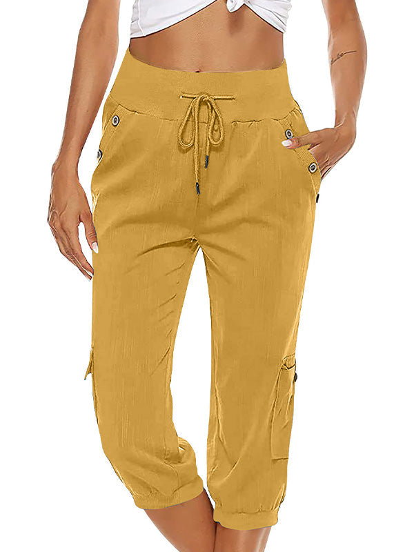 Women's Drawstring Cargo Pants Elastic Waist Casual Capri