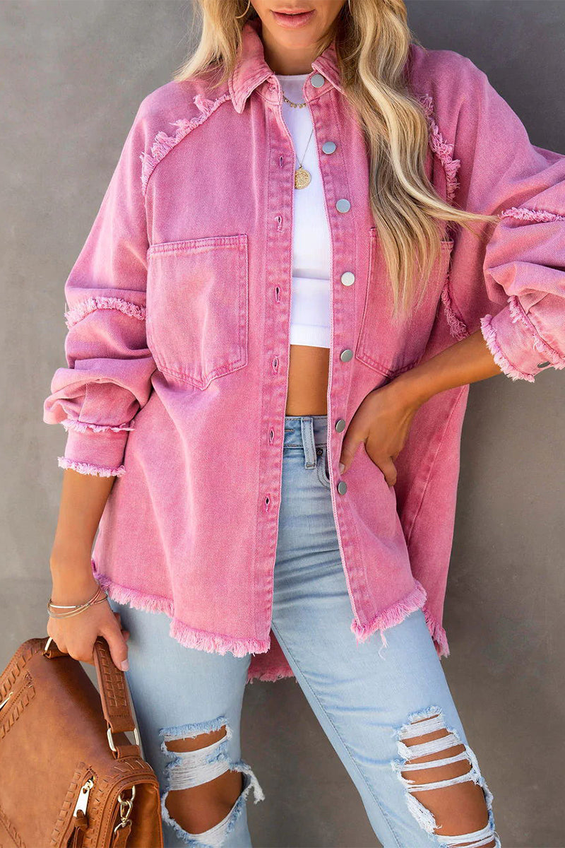 Fashion Casual Solid Tassel POLO collar Long Sleeve Straight Denim Jacket(3 Colors)