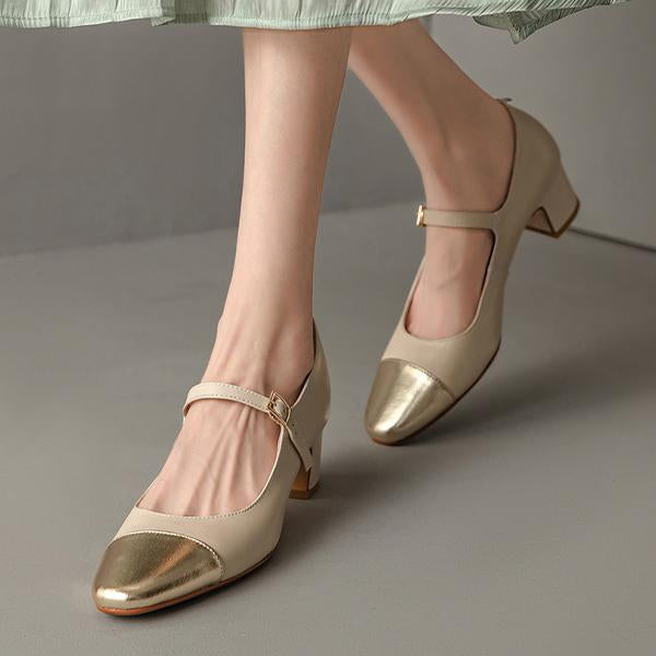 Women's Elegant Colorblock Round Toe Chunky Heels 77782268C