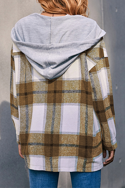 Casual Plaid Draw String Buckle Hooded Collar Outerwear