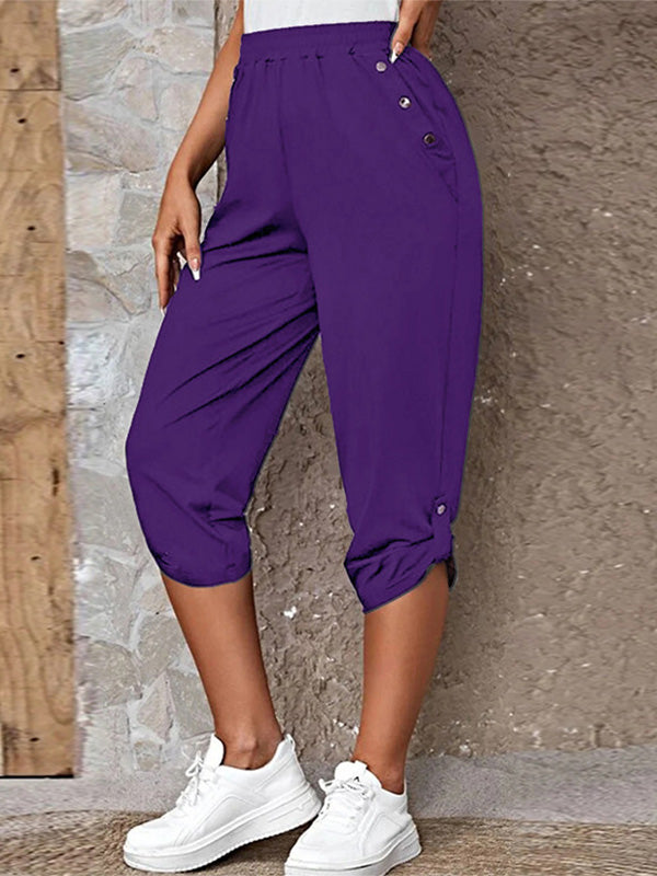 Women's Solid Button Detail Roll Up Hem Capri
