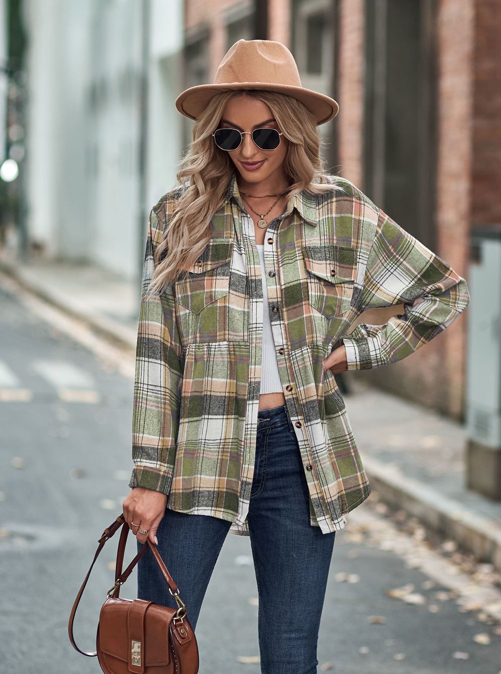 Lapel Long Sleeve Casual Check Shirt